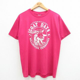 ヘインズ(Hanes)のL★古着 ヘインズ Hanes 半袖 ビンテージ Tシャツ メンズ 90年代 90s ヤギ テネシー クルーネック USA製 ピンク 24apr01 中古(Tシャツ/カットソー(半袖/袖なし))