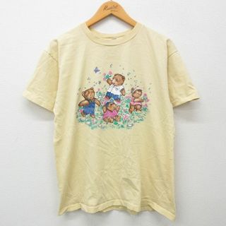 L★古着 ベーシックエディションズ 半袖 ビンテージ Tシャツ メンズ 90年代 90s クマ 花 コットン クルーネック USA製 黄 イエロー 24apr01 中古(Tシャツ/カットソー(半袖/袖なし))