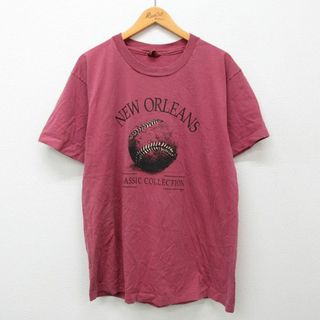 XL★古着 半袖 ビンテージ Tシャツ メンズ 90年代 90s ニューオーリンズ 野球 コットン クルーネック 紫 パープル 24apr01 中古(Tシャツ/カットソー(半袖/袖なし))