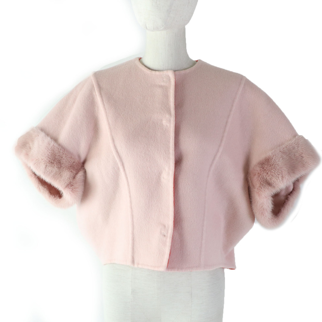 FENDI - 美品☆FENDI フェンディ カシミヤ100％ 袖ミンク ショート丈 ノーカラージャケット ピンク 40 イタリア製 正規品 レディース