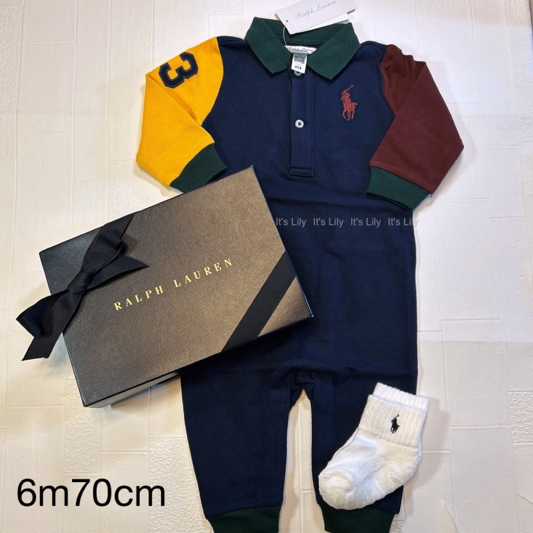 Ralph Lauren(ラルフローレン)の6m70cm 長袖　ロンパース　紺袖黄色エンジ　ポニー　ラルフローレン キッズ/ベビー/マタニティのベビー服(~85cm)(ロンパース)の商品写真