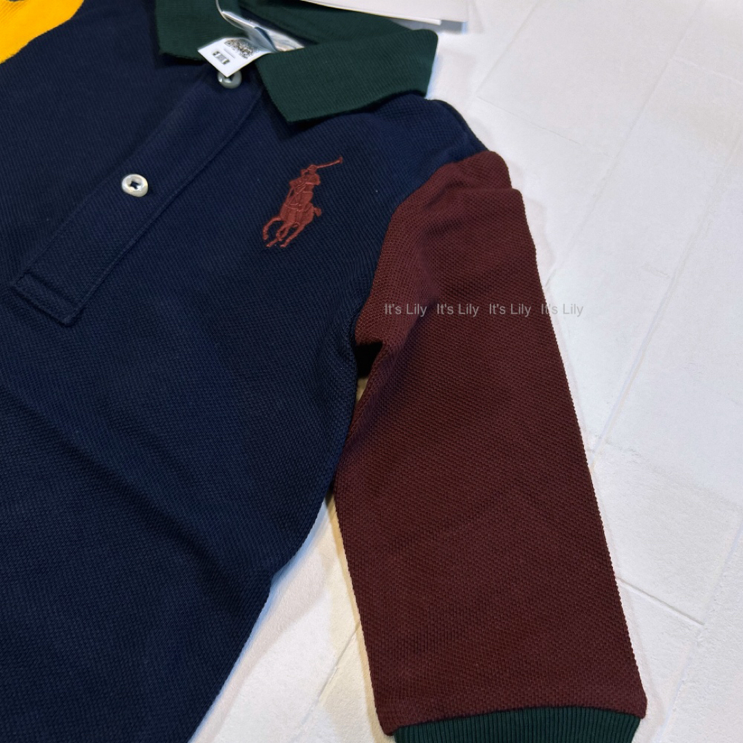 Ralph Lauren(ラルフローレン)の6m70cm 長袖　ロンパース　紺袖黄色エンジ　ポニー　ラルフローレン キッズ/ベビー/マタニティのベビー服(~85cm)(ロンパース)の商品写真