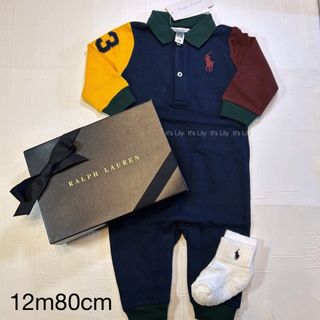 ラルフローレン(Ralph Lauren)の12m80cm  長袖　ロンパース　紺袖黄色エンジ　ポニー　ラルフローレン(ロンパース)