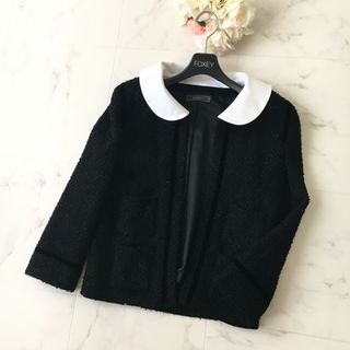 フォクシー(FOXEY)の美品　FOXEY フォクシー  取り外せる白襟　ツイード　ニット　ジャケット(ノーカラージャケット)