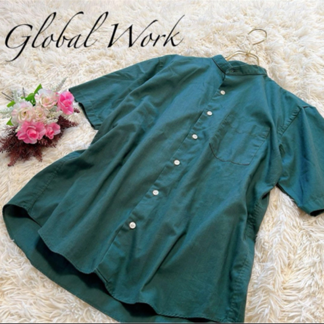 GLOBAL WORK(グローバルワーク)のGlobal Work メンズ　シャツ　無地　半袖　Sサイズ　緑色　美品 メンズのトップス(シャツ)の商品写真