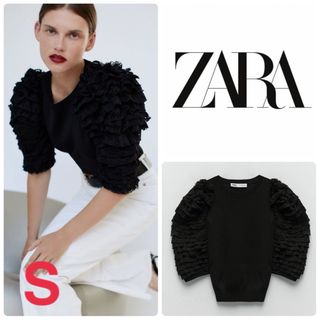 ザラ(ZARA)のZARA ザラ 袖フリルレース五分袖サマーニットトップス　S  ブラック(ニット/セーター)