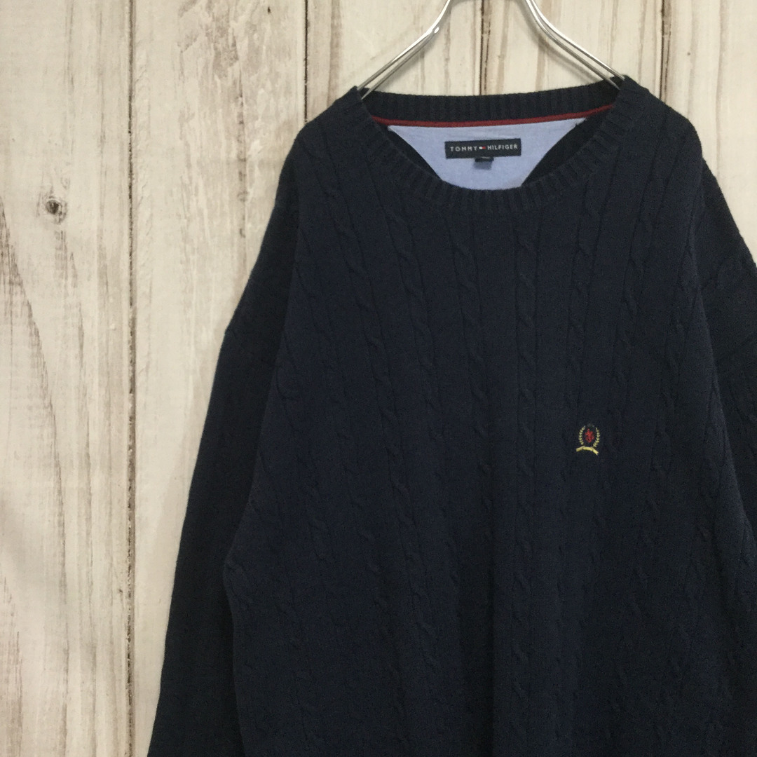 TOMMY HILFIGER(トミーヒルフィガー)の【トミーヒルフィガー コットンニット】旧ロゴ刺繍 2XL ネイビー 古着 メンズのトップス(ニット/セーター)の商品写真