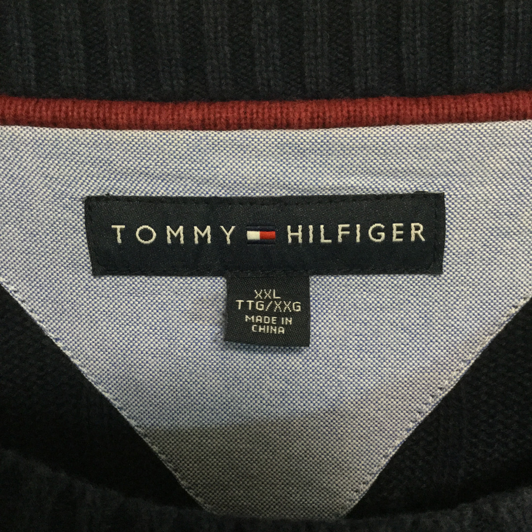 TOMMY HILFIGER(トミーヒルフィガー)の【トミーヒルフィガー コットンニット】旧ロゴ刺繍 2XL ネイビー 古着 メンズのトップス(ニット/セーター)の商品写真