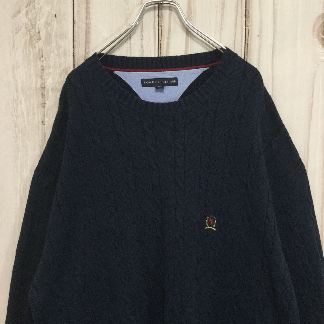 TOMMY HILFIGER(トミーヒルフィガー)の【トミーヒルフィガー コットンニット】旧ロゴ刺繍 2XL ネイビー 古着 メンズのトップス(ニット/セーター)の商品写真