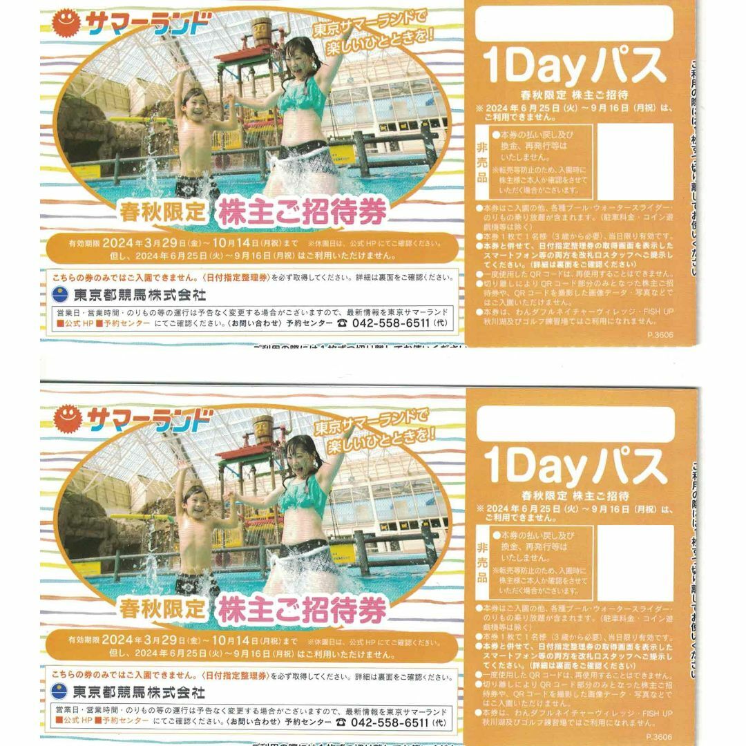 東京都競馬場 東京サマーランド 株主優待券 16枚 2024/10/14 東京都競馬場 東京サマーランド 株主優待券 16枚 2024/10/14