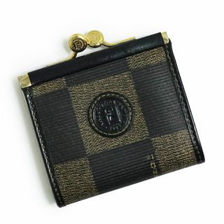 FENDI - フェンディ ペカン ブロックチェック がま口 コインケース 小銭入れ 財布 PVC レザー ブラウン 茶 ゴールド金具 FENDI（美品）