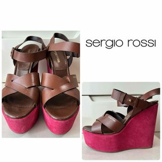 Sergio Rossi - 定価5.8万　セルジオロッシ　ピンクスエード×ブラウンレザー　ウエッジ　サンダル