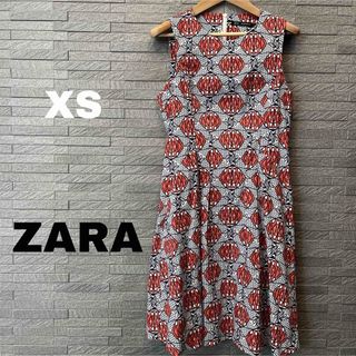 ザラ(ZARA)のザラ ZARA 総柄 フリル ノースリーブワンピース ドレス プリーツ グレー(ひざ丈ワンピース)