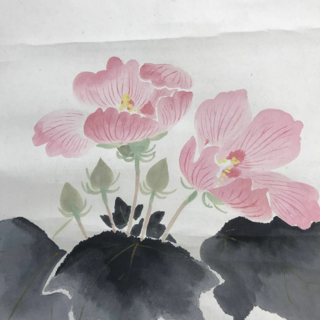 真作/三石紅樹/芙蓉に鶉図/ウズラ図/花鳥図/掛軸☆宝船 真作/三石紅樹/芙蓉に鶉図/ウズラ図/花鳥図/掛軸☆宝船