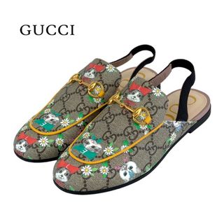 グッチ GUCCI プリンスタウン フラットサンダル スリッパサンダル 靴 シューズ ホースビット キャット フラワー レザー ベージュ キッズ