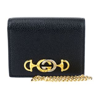 グッチ(Gucci)のGUCCI グッチ  ズゥミ ミニ チェーンウォレット 二つ折り財布 570660 レザー   ブラック ゴールド金具 シルバー金具 ホースビット コンパクト財布 【本物保証】(財布)