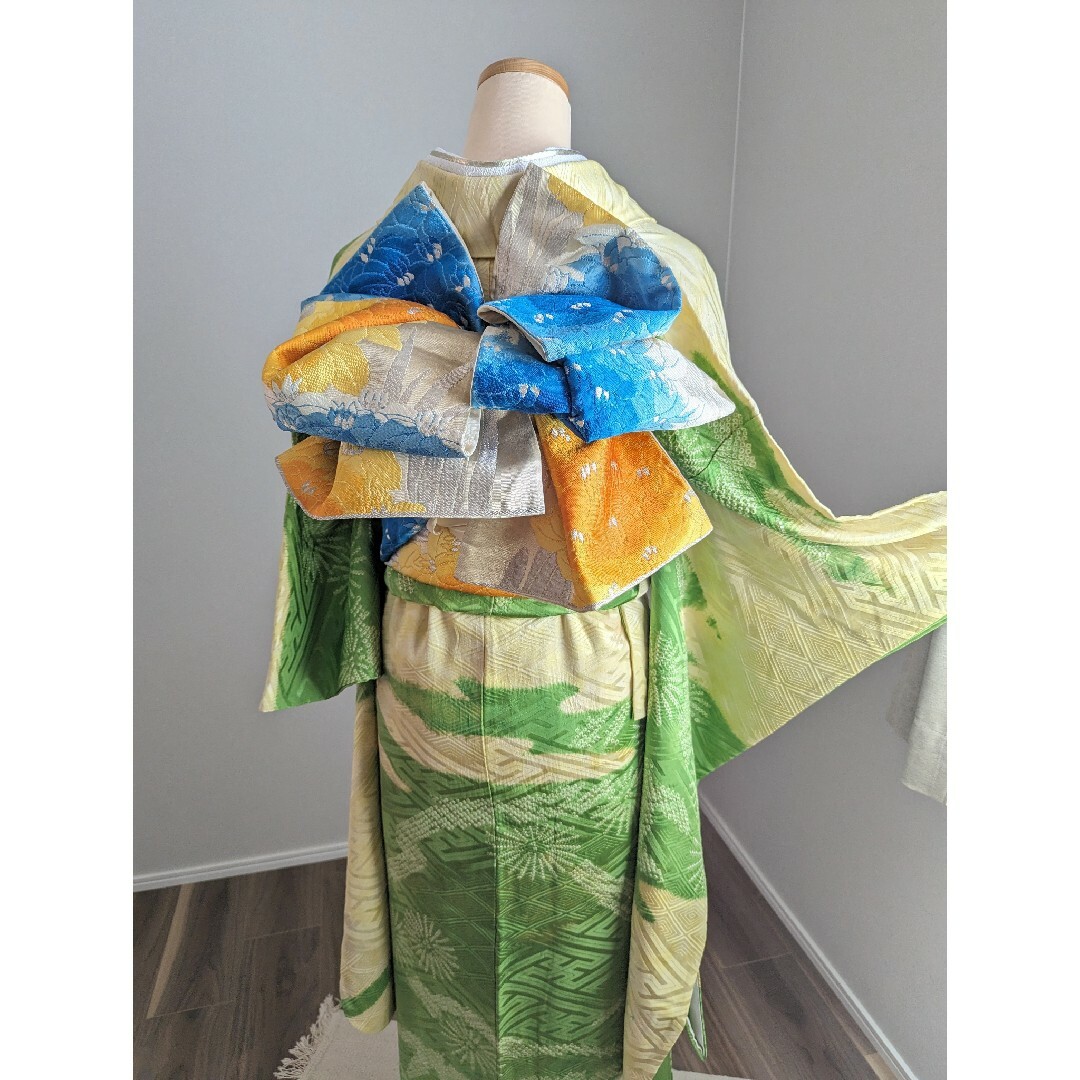振袖 単品 身丈156裄62 絞り 松葉模様 染め分け 黄緑 レディースの水着/浴衣(振袖)の商品写真