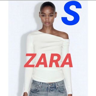 ZARA ギャザーTシャツ　白　Sサイズ　新品未使用タグつき(Tシャツ(長袖/七分))