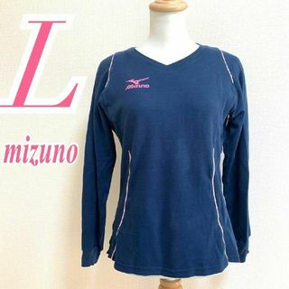 ミズノ(MIZUNO)のミズノ　長袖カットソー　L　ネイビー　ピンク　プリント　スポーツウェア　綿　ポリ(カットソー(長袖/七分))