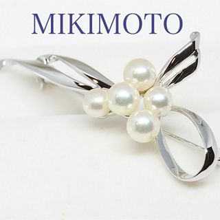 ミキモト(MIKIMOTO)の美品 ミキモト シルバー ブローチ パール リボン(ブローチ/コサージュ)