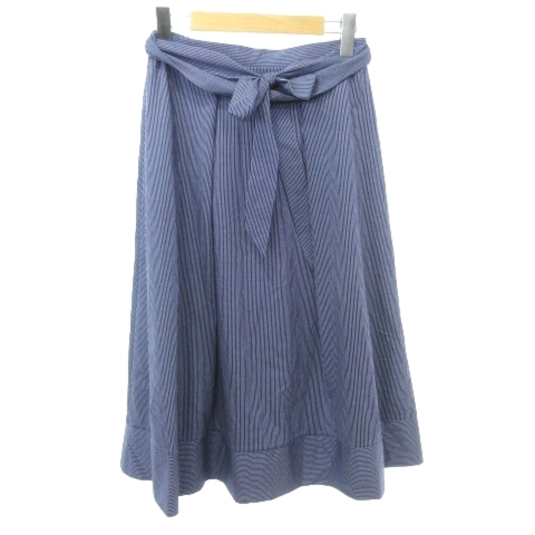J.PRESS(ジェイプレス)のジェイプレス ストライプ リボン スカート ひざ丈 フレア M～L 青 ■052 レディースのスカート(ひざ丈スカート)の商品写真
