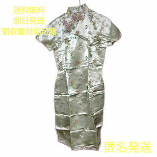 チャイナドレス 半袖 ゴールド 香港購入品 Sサイズ(ミニワンピース)