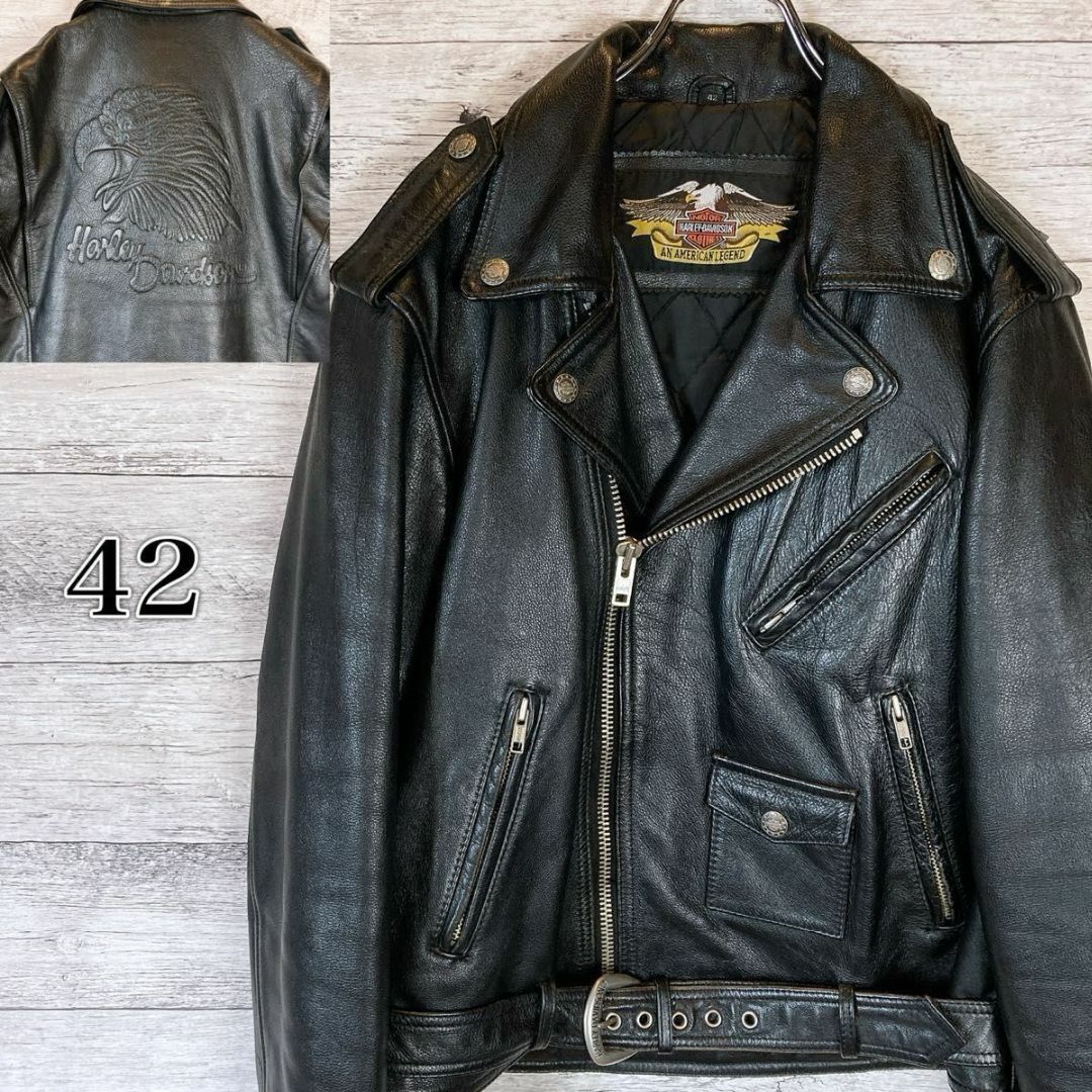 Harley Davidson(ハーレーダビッドソン)のハーレーダビッドソン ライダースジャケット レザー キルティング　型押し　42 メンズのジャケット/アウター(レザージャケット)の商品写真