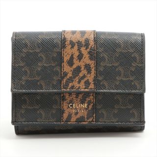 セリーヌ(celine)の美品 セリーヌ トリオンフ キャンバス レオパード 柄 レザー 三つ折り 財布 本革 レディース EEM U42-10(財布)