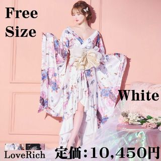 JEWELS - LoveRich 蝶 フリル 花柄 着物 フリーサイズ ホワイト