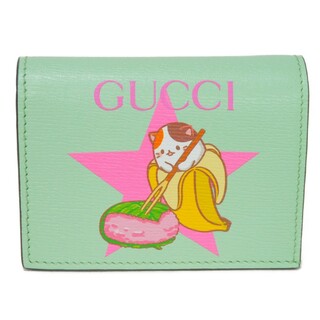 グッチ(Gucci)のGUCCI グッチ ばなにゃ コンパクト ウォレット バナナ 猫 ネコ 桜餅 スター 星 パステルグリーン 未使用 ピンク ロゴ ミントグリーン 二つ折り財布 701009 U22AG 3067(財布)