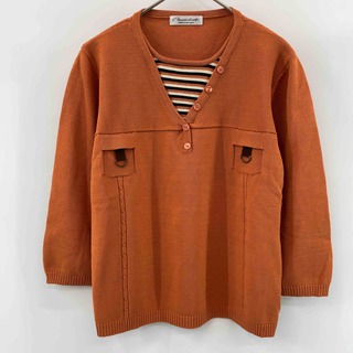 レディース ニット　セーター　七分袖　オレンジ　装飾(ニット/セーター)