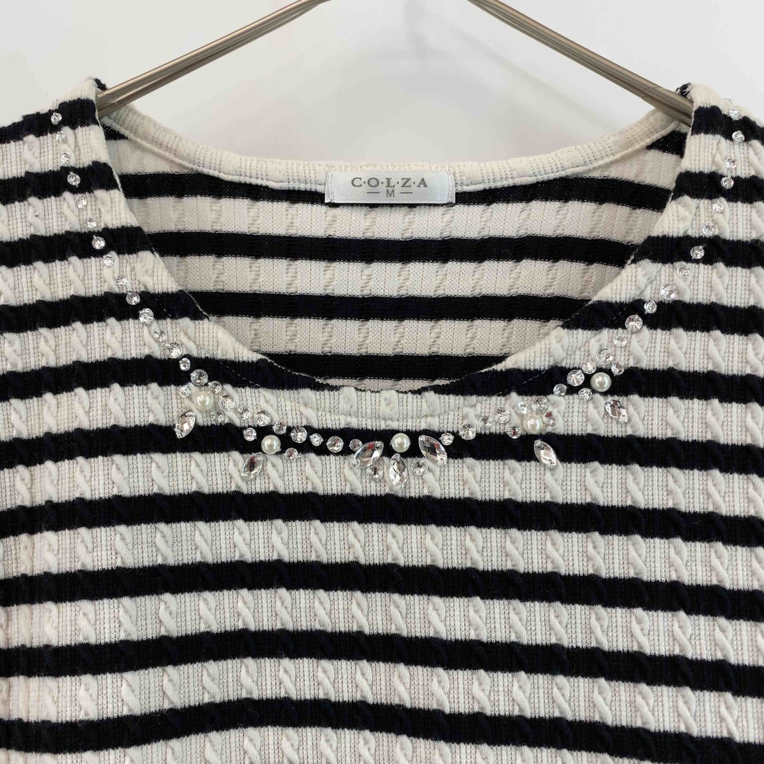 COLZA(コルザ)のCOLZA　コルザ　白×黒　ボーダー　ビジュー付き　  レディース Tシャツ　カットソー（長袖） レディースのトップス(カットソー(長袖/七分))の商品写真