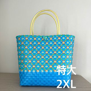 レトロポップ　プラカゴ　花柄 ブルーxオレンジ　2XL 特大サイズ　A4収納可(バッグ)