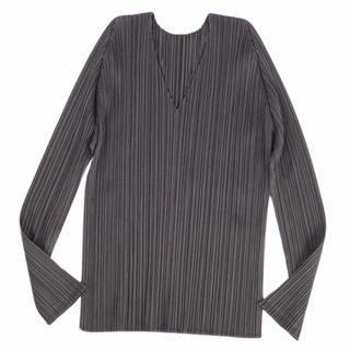 プリーツプリーズイッセイミヤケ(PLEATS PLEASE ISSEY MIYAKE)の美品 プリーツプリーズ イッセイミヤケ PLEATS PLEASE シャツ ブラウス ロングスリーブ 長袖 無地 トップス レディース 4(LL相当) グレーカーキ(シャツ/ブラウス(長袖/七分))