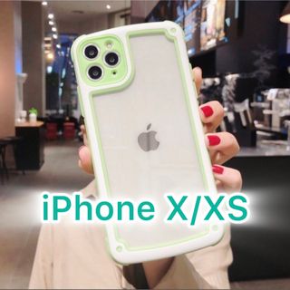 アイフォーン(iPhone)の【iPhoneX/XS】グリーン iPhoneケース 大人気 シンプル フレーム(iPhoneケース)