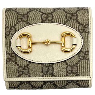 グッチ(Gucci)の【SALE】GUCCI グッチ 二つ折り財布 ホースビット コンパクトウォレット 小物 スナップボタン 621891 GGスプリームキャンバス  レザー   ホワイト 白 ベージュ ゴールド金具 レディース【中古品】(財布)