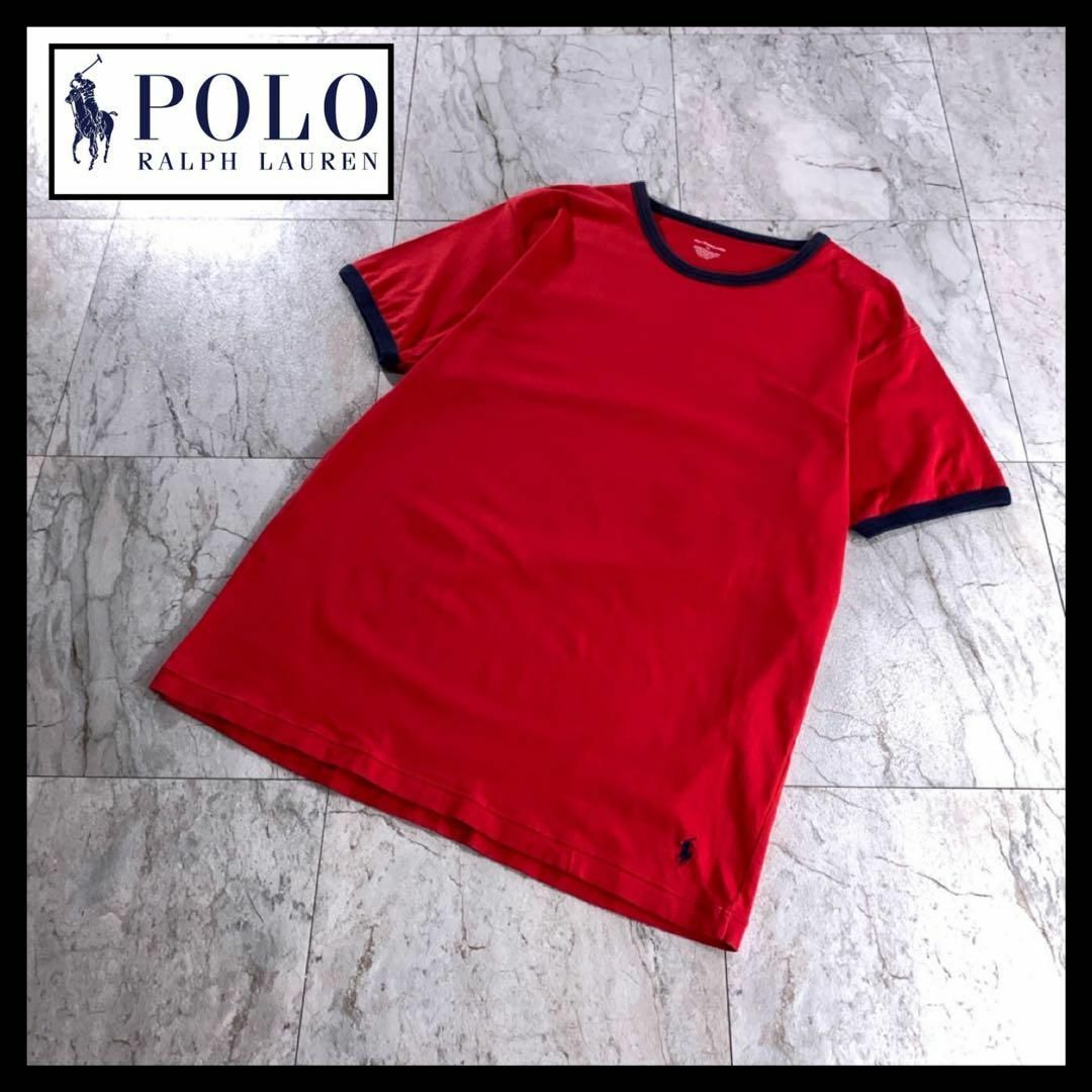 POLO RALPH LAUREN(ポロラルフローレン)の古着 ラルフローレン リンガー Tシャツ 赤 ネイビー ポニー刺繍ロゴ メンズのトップス(Tシャツ/カットソー(半袖/袖なし))の商品写真