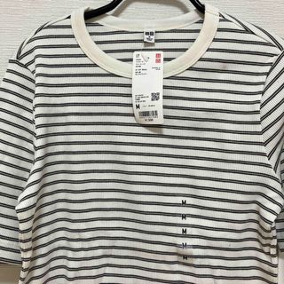 ユニクロ(UNIQLO)のUNIQLO リブボーダークルーネックT 五分袖　サイズM オフホワイト(Tシャツ(半袖/袖なし))