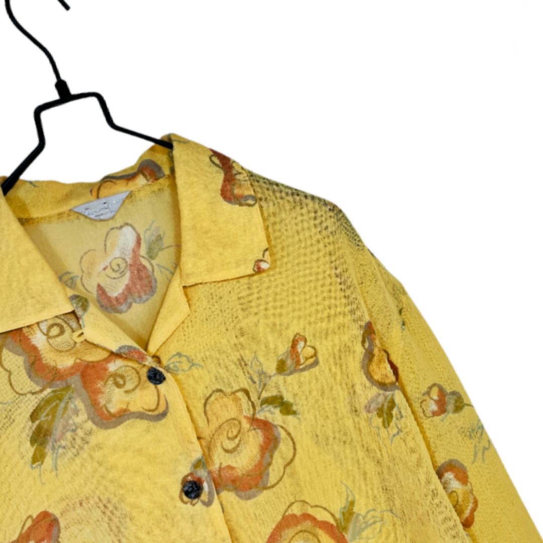 ヴィンテージ 昭和レトロ 日本製 総柄 開襟 シアーシャツ ブラウス 長袖 古着 レディースのトップス(シャツ/ブラウス(長袖/七分))の商品写真