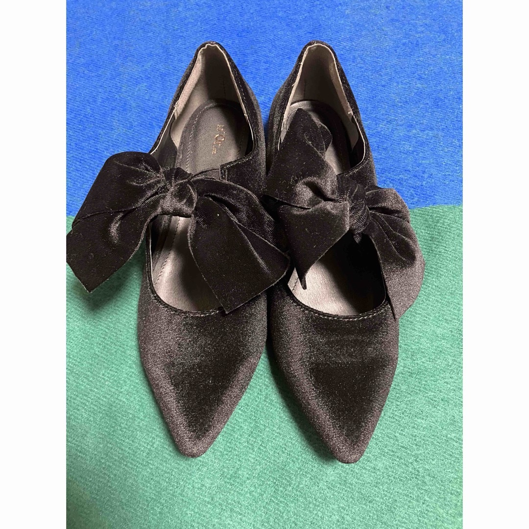 osharewalker(オシャレウォーカー)のn'Or ベルベット×リボン フラットパンプス黒 レディースの靴/シューズ(ハイヒール/パンプス)の商品写真