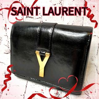 サンローラン(Saint Laurent)の【美品】サンローラン 三つ折り財布 レザー Yライン ゴールドロゴ ブラック(財布)