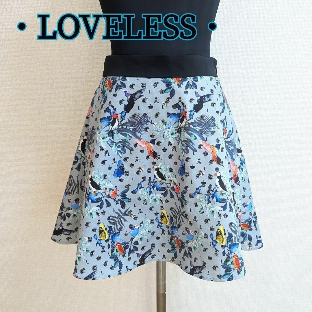 LOVELESS(ラブレス)のLOVELESS ラブレス バード模様 フレア ミニスカート 小さめサイズ レディースのスカート(ミニスカート)の商品写真