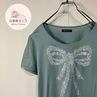 【半袖Tシャツ　リボン　宝石　プリントデザイン　ブルーグリーン　天竺　古着】(Tシャツ(半袖/袖なし))