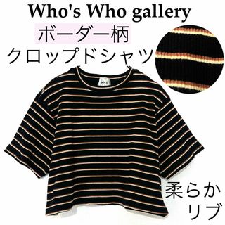 フーズフーギャラリー(WHO'S WHO gallery)のW.W.Gフーズフーギャラリー/ボーダー柄クロップドシャツ伸縮性リブ素材ゆったり(Tシャツ(半袖/袖なし))