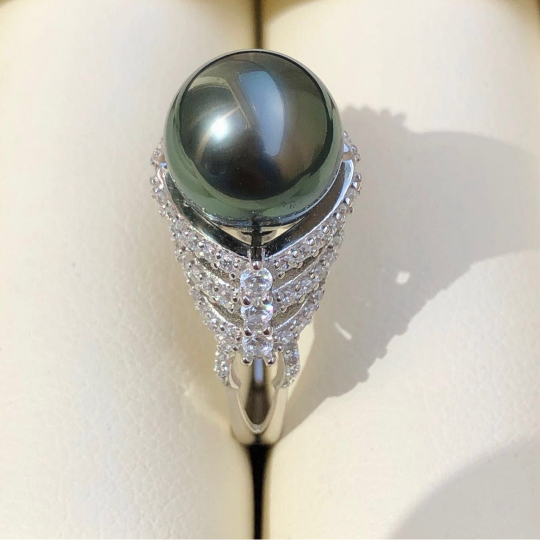 本真珠南洋黒蝶真珠タヒチパール　グリーン　9.62mm  シルバーリング指輪 レディースのアクセサリー(リング(指輪))の商品写真