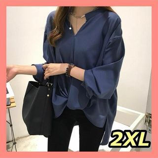 シャツ ブラウス2XL レディース 体型カバー ゆったり タック入り ネイビー(シャツ/ブラウス(長袖/七分))