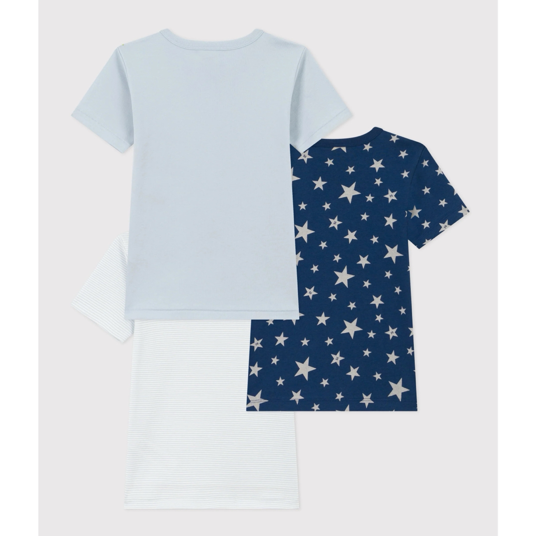 PETIT BATEAU(プチバトー)の新品未使用　プチバトー　10a 半袖肌着3枚組　ネイビースター キッズ/ベビー/マタニティのキッズ服男の子用(90cm~)(下着)の商品写真