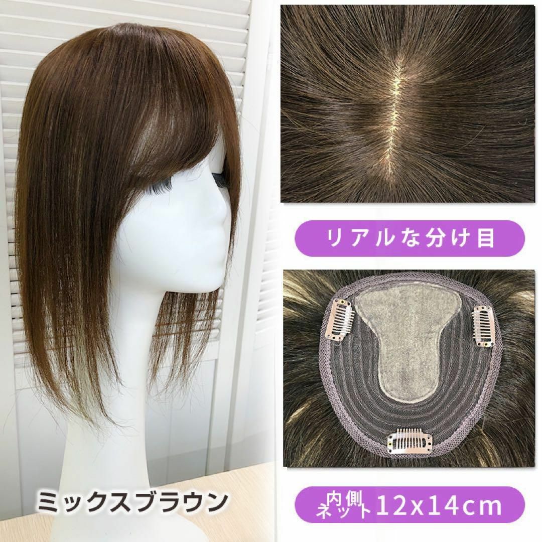 人毛100% 部分ウィッグ ヘアピース 頭頂部 ミックスブラウン【35cm】 レディースのウィッグ/エクステ(ショートストレート)の商品写真