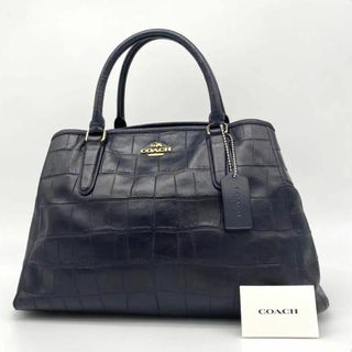 コーチ(COACH)の【美品】coach クロコ型押し　2way 肩掛け　手さげ　トートバッグ　紺系(トートバッグ)