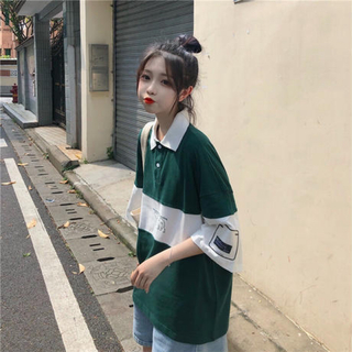 ポロシャツ  ビッグ　シルエット 韓国 夏服 レディース カジュアル　ポロ(ポロシャツ)